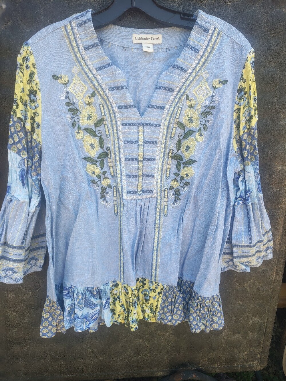Coldwater Creek Blue Floral Embroidered Peasant Top Large